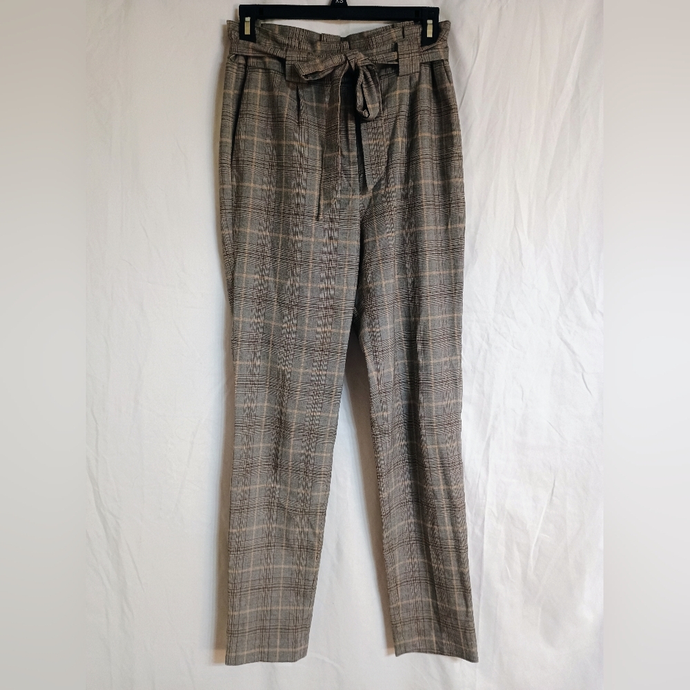 Express Women's Plaid Straight Leg Pants - Brown and Gray